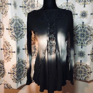 T PARTY Black Gray Ombré Lace Mesh Blouse
